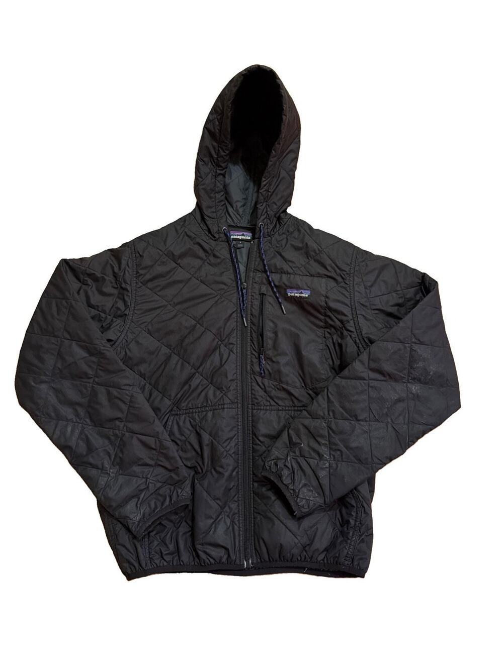 Patagonia Diamond Quilted Bomber Hoody Mens S Black Puffer Jacket CORP LOGO